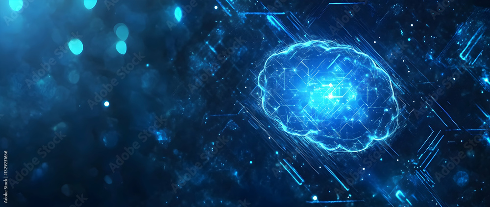 Obraz premium Blue digital technology background with a chip and brain icon on a dark blue circuit board