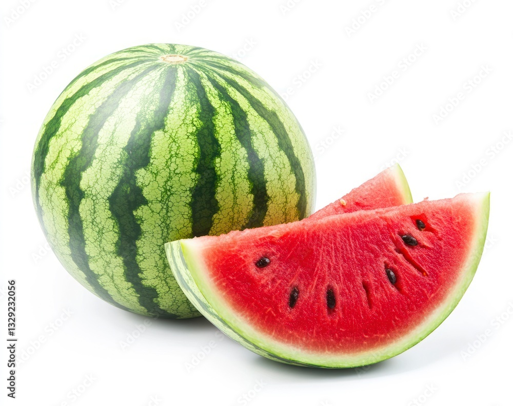 Fresh Watermelon and Slices on White Background Summer Fruit Refreshment Fresh Watermelon and Slices on White Background Summer Fruit Refreshment