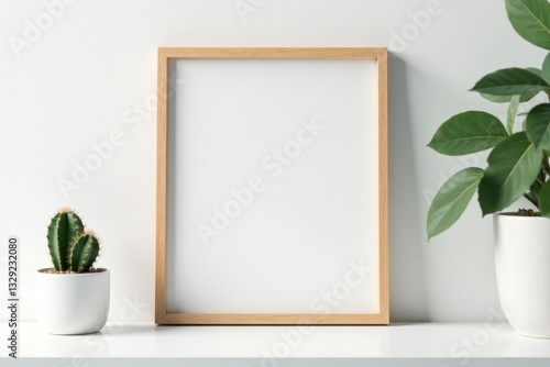 Wooden frame mockup, white desk, small cactus, white backdrop, white, shadow, bright