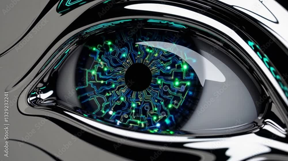 Close-Up of a Futuristic Robotic Eye Featuring Intricate Circuitry Patterns and LED Lights, Symbolizing Advanced Technology and Artificial Intelligence Close-Up of a Futuristic Robotic Eye Featuring Intricate Circuitry Patterns and LED Lights, Symbolizing Advanced Technology and Artificial Intelligence