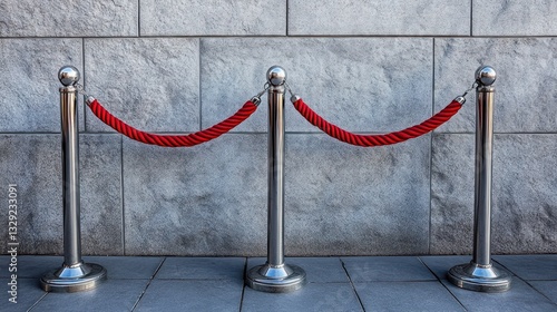 Three metallic stanchions with red velvet rope against a stone wall.