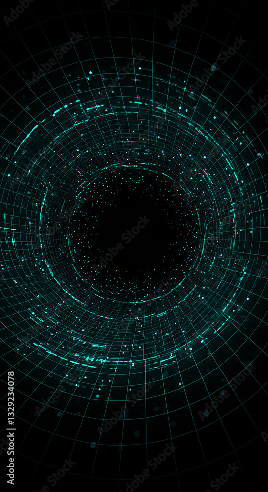 Fototapeta premium Quantum Tunnel: Teal Grid, Data Stream, & Digital Abyss | Tech Wallpaper, AI Art, Cyberpunk, Futuristic Design
