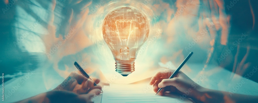 Fototapeta premium Two people writing with a glowing lightbulb representing an idea