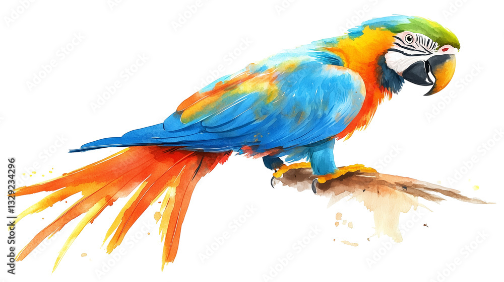 Fototapeta premium Vibrant watercolor macaw, blue and gold parrot, colorful tropical bird, artistic illustration, splashy brushstrokes, detailed feathers PNG file isolated on transparent background cut out,