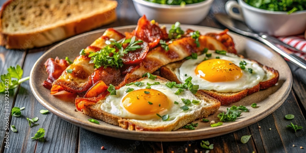 Sunny-side up eggs meet crisp bacon and golden toast in a delicious high-angle shot. Sunny-side up eggs meet crisp bacon and golden toast in a delicious high-angle shot.
