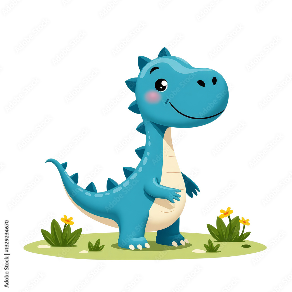 Naklejka premium Cartoon Blue Dinosaur with Flowers, transparent background