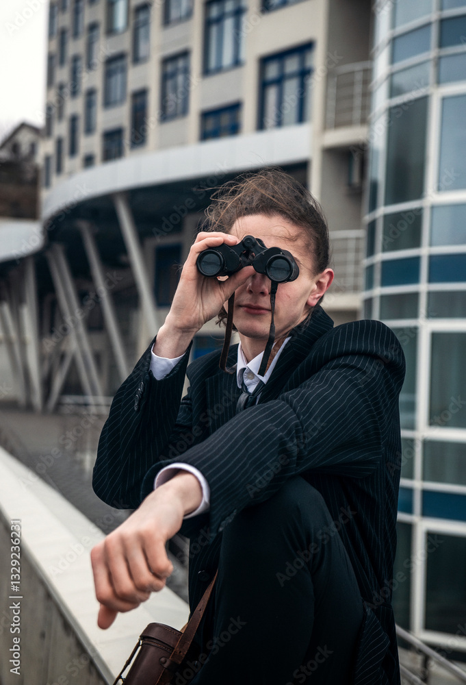 Portrait of a young man against the backdrop of modern architecture, he is looking through binoculars Portrait of a young man against the backdrop of modern architecture, he is looking through binoculars