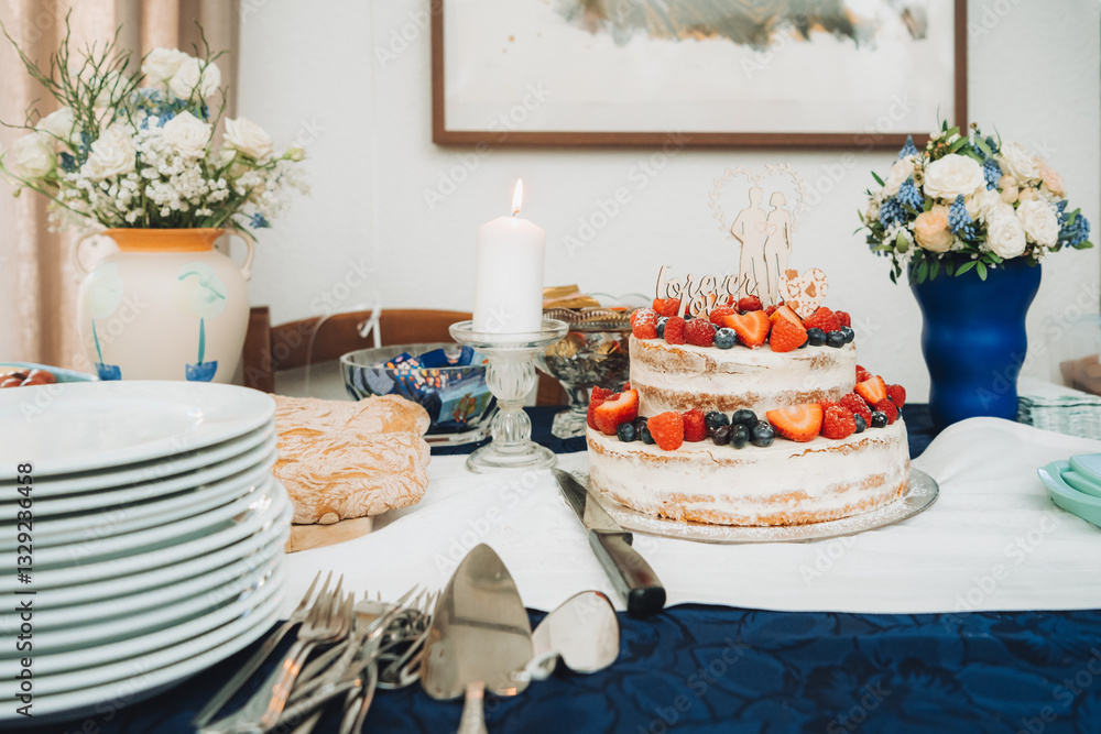 Festive cake with white cream, decorated with raspberries and strawberries