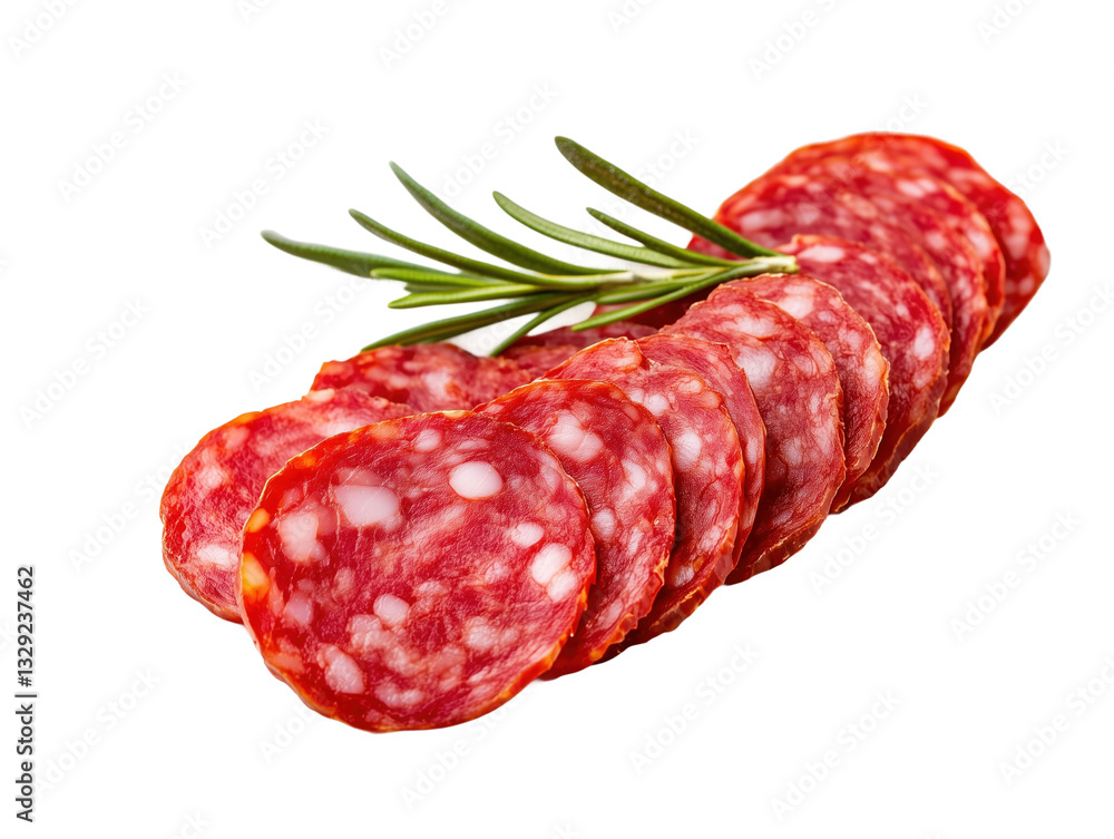 Sliced Salami with Rosemary Garnish Display, PNG with transparency Sliced Salami with Rosemary Garnish Display, PNG with transparency