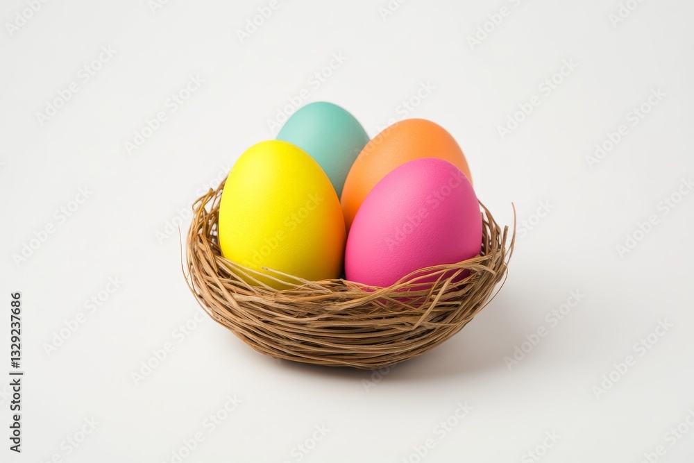 Small woven bird nest filled with vibrantly colored Easter eggs placed on a neutral background perfect for festive holiday compositions seasonal greeting cards and decorative photography Small woven bird nest filled with vibrantly colored Easter eggs placed on a neutral background perfect for festive holiday compositions seasonal greeting cards and decorative photography