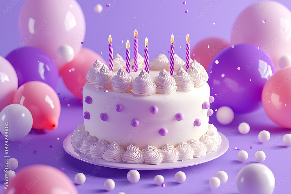 A birthday cake surrounded by balloons with a purple background and a joyful celebratory feel A birthday cake surrounded by balloons with a purple background and a joyful celebratory feel