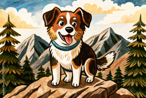 funny dog in beautiful mountains natural forest abstract cartoon illustration