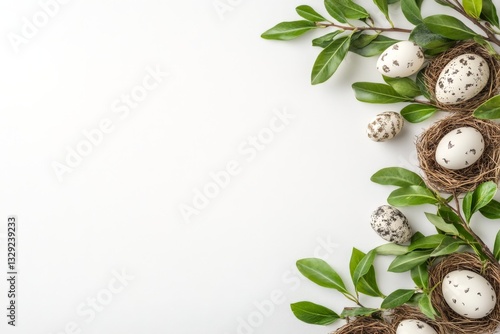 Obraz na płótnie Green botanical leaves with speckled eggs arranged on a modern white background creating a fresh nature inspired seasonal Easter still life with minimalistic elegant composition w salonie