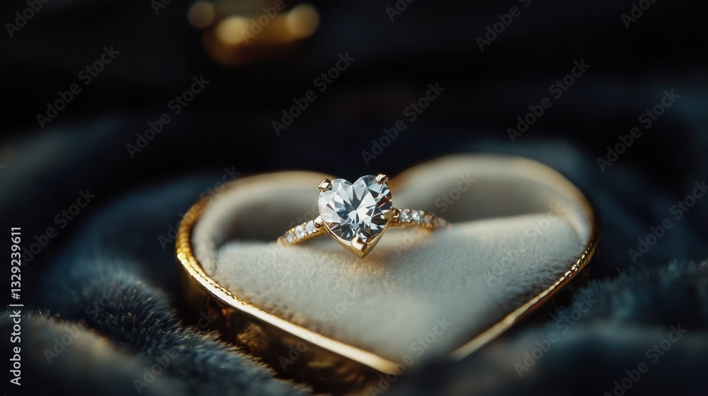 Naklejka premium A classic proposal setup featuring a diamond engagement ring in a heart-shaped jewelry box on a silky background