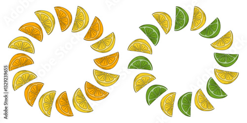 Orange Lemon and lime slices Circular Frame border Citruses fruits Copy space Template idea Set 2