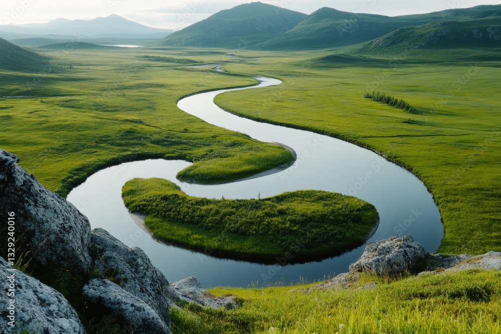 A winding river cutting through a mountain range, with green meadows and rocky cliffs on either side A winding river cutting through a mountain range, with green meadows and rocky cliffs on either side