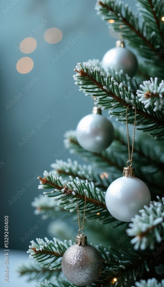 Elegant frosted pine boughs, silver & white decorations, soft bokeh , white christmas, wallpaper Elegant frosted pine boughs, silver & white decorations, soft bokeh , white christmas, wallpaper