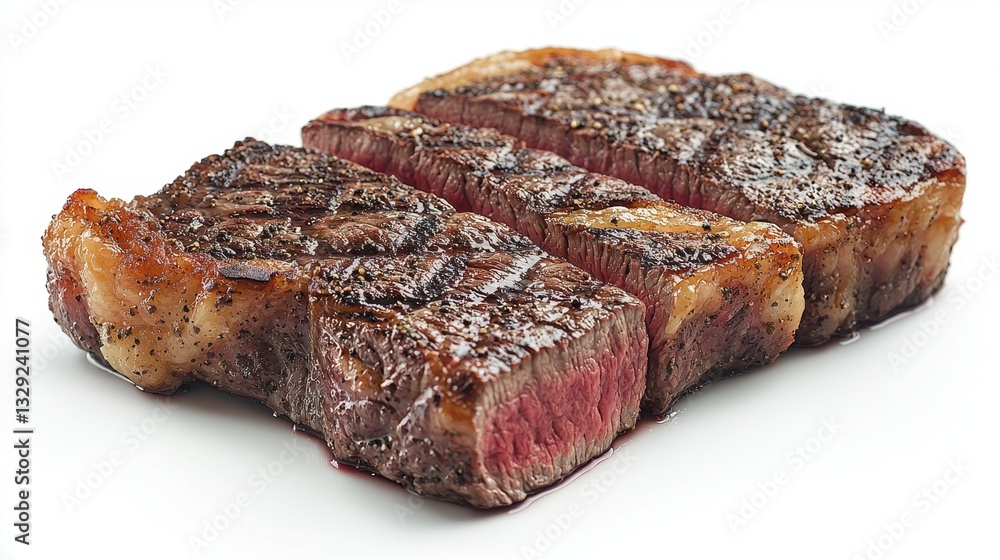 Three succulent steaks arranged beautifully on a white background ready to be served for a delicious dinner experience Three succulent steaks arranged beautifully on a white background ready to be served for a delicious dinner experience