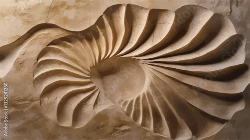 Close-up view of a wood carving depicting an abstract spiral pattern. The carving is predominantly light brown in color, exhibiting a smooth, polished texture.  The spiral is deeply carved,