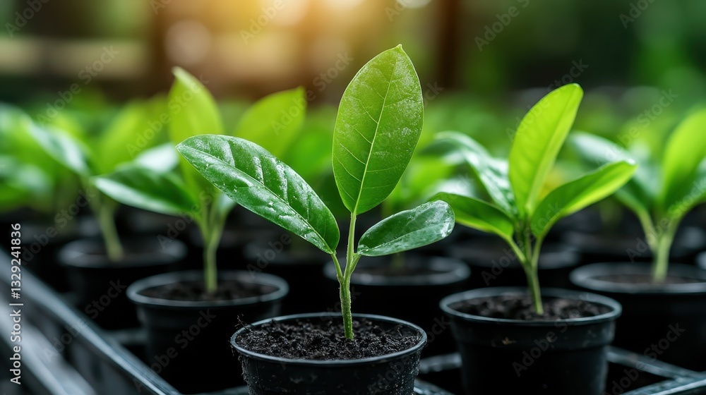 This image showcases healthy green seedlings in small pots, highlighting the beauty of nature and nurturing growth, ideal for gardening and horticultural themes. This image showcases healthy green seedlings in small pots, highlighting the beauty of nature and nurturing growth, ideal for gardening and horticultural themes.