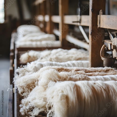 Creamy White and Beige Cotton Fibers in Wooden Containers at a Textile Mill