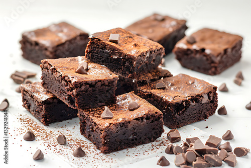 A stack of homemade chocolate brownies with a fudgy texture, dusted with cocoa powder, and topped with chocolate chips, creating a decadent and indulgent dessert.