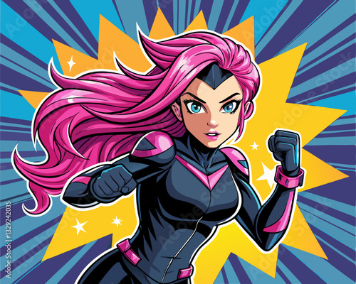 Woman superhero character. Wonder girl in superwoman costume with cloak. Superheroes hero character vector illustration