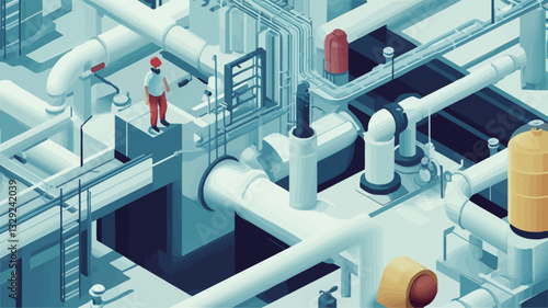 The image is a digital isometric illustration depicting a complex network of pipes and tubes in an industrial setting.  The illustration is rendered in a stylized, slightly low-poly manner with a