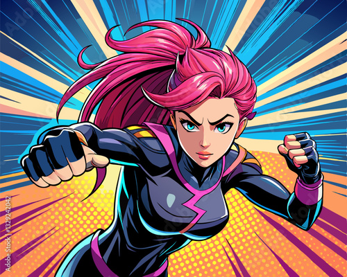 Pop art superhero. Young sexy woman