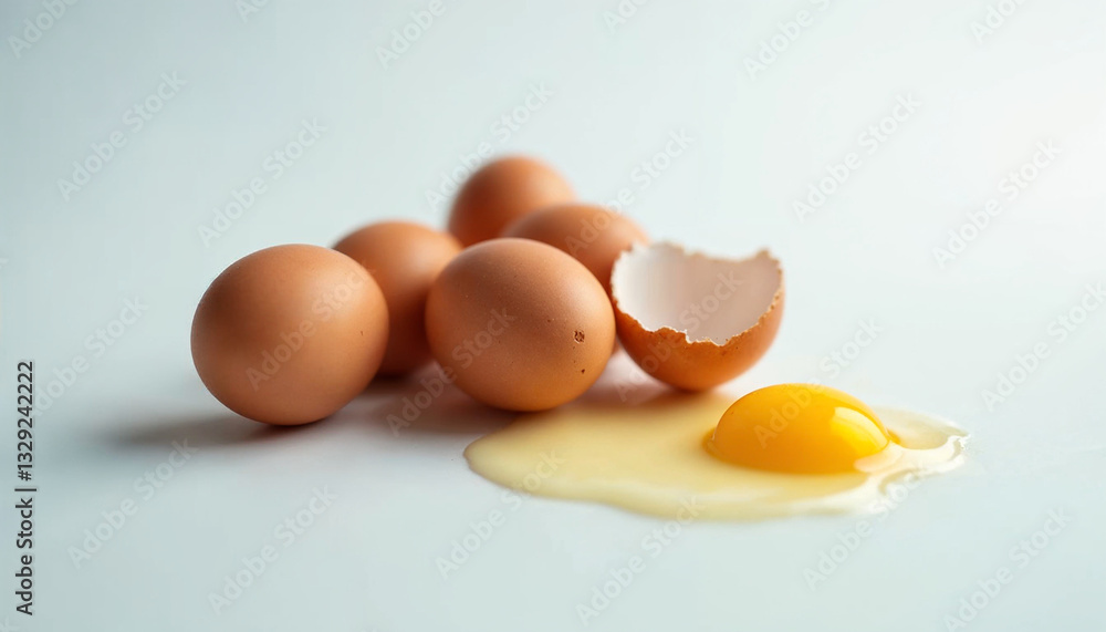 Chicken eggs and broken egg with yolk isolated on white background Chicken eggs and broken egg with yolk isolated on white background
