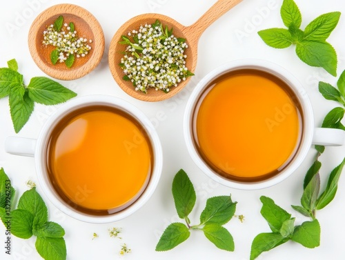 Herbal tea in rustic ceramic cups with fresh green leaves and wooden spoons arranged on a light background creating a cozy and organic wellness aesthetic