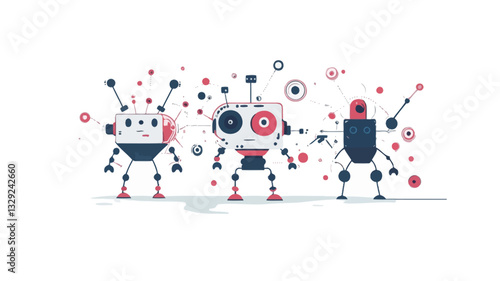 The image is a digital vector illustration featuring three stylized robots.  The robots are depicted in a minimalist style, utilizing geometric shapes and simple lines in shades of dark blue, red,