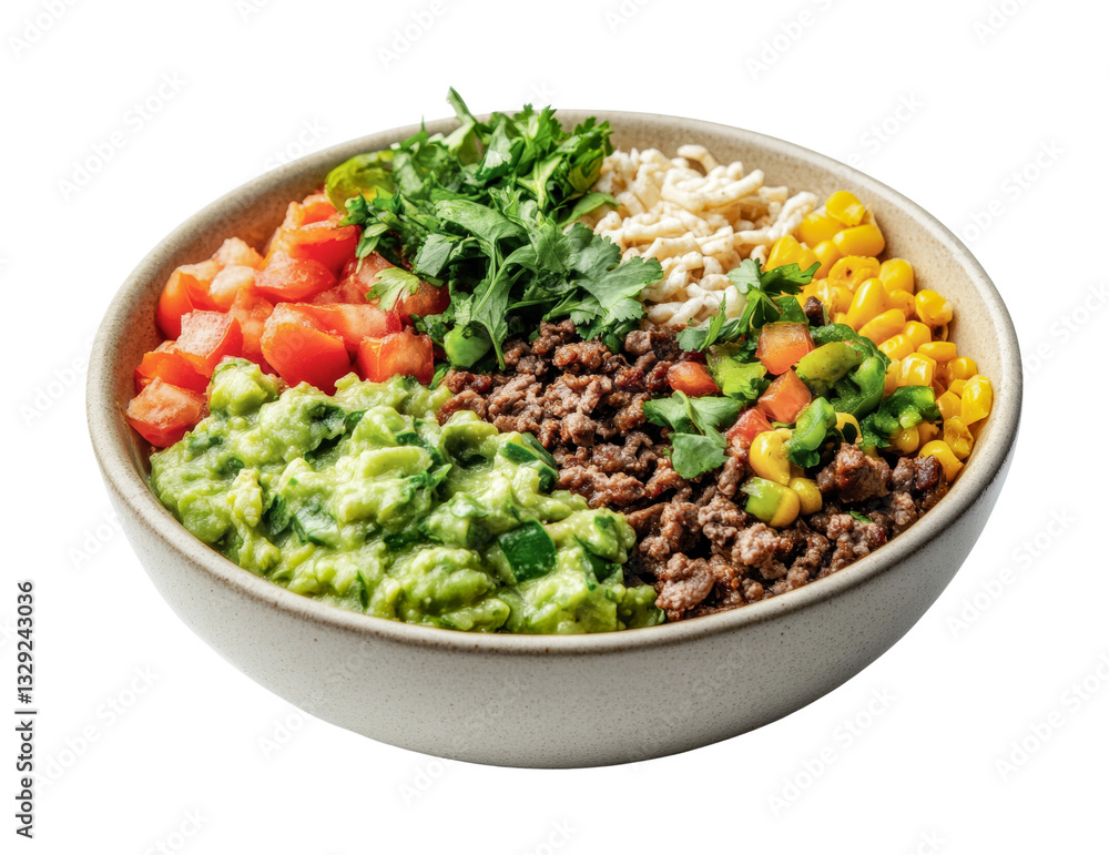 Vibrant burrito bowl with ground beef, guacamole, corn, and fresh veggies, cut out Vibrant burrito bowl with ground beef, guacamole, corn, and fresh veggies, cut out