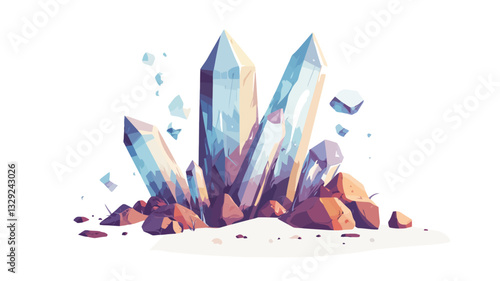 A digital illustration depicting a cluster of stylized crystalline structures. The crystals are rendered in shades of purple, blue, and white, with a glossy, iridescent appearance. They are