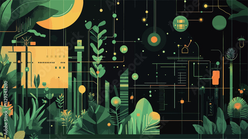 The image is a digital illustration featuring a stylized nocturnal garden scene.  The style is abstract and geometric, with simplified plant forms and structures.  A large yellow moon is prominent