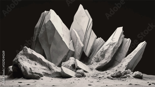 A monochrome grayscale photograph depicts an abstract arrangement of irregularly shaped, fragmented forms resembling broken stone or sculpted pieces.  The forms vary in size and orientation,
