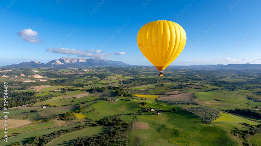 Obraz premium Yellow Hot Air Balloon Flying Over Green Fields with Mountain Backdrop