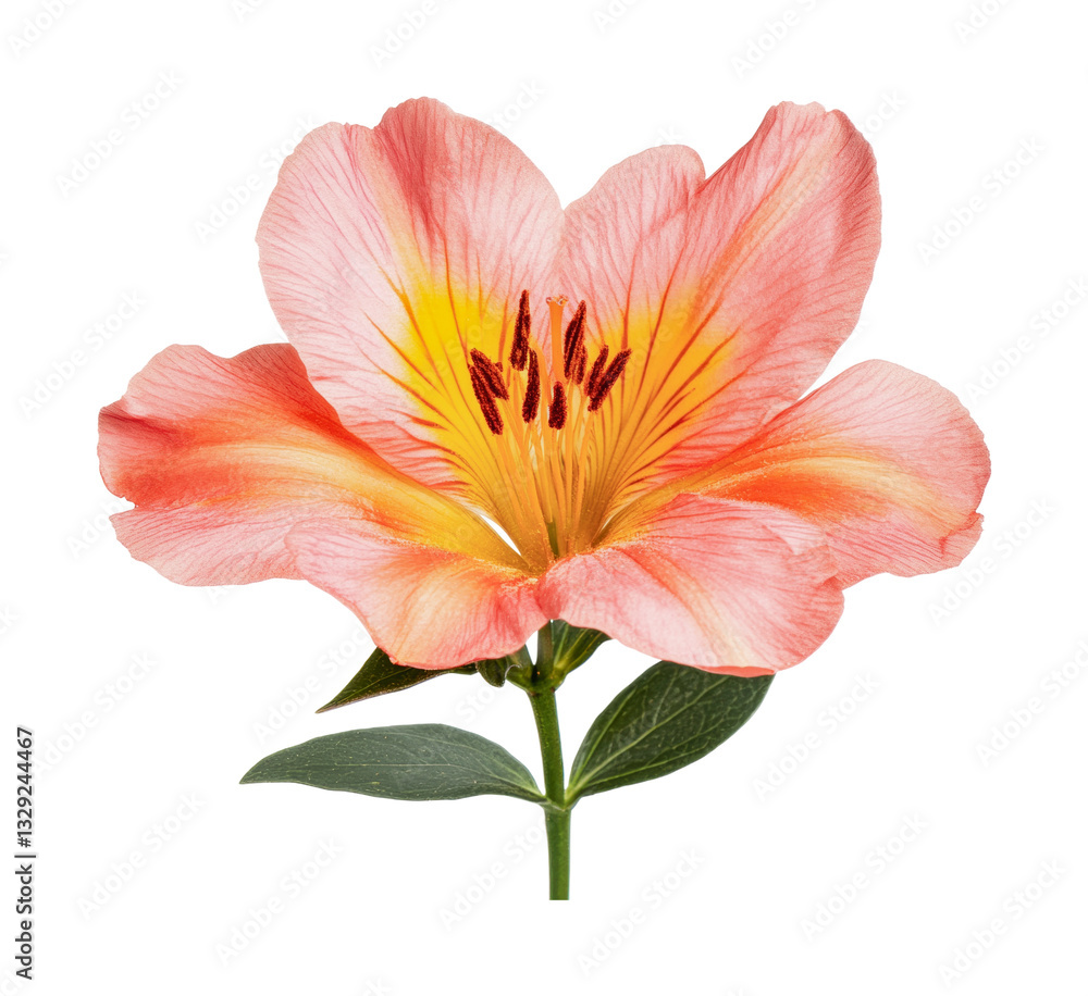 Vibrant pink alstroemeria flower bloom with green leaves, cut out Vibrant pink alstroemeria flower bloom with green leaves, cut out
