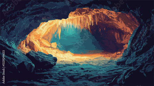 The image presents a digital illustration or rendering of a cave interior. The visual style is painterly, with visible brushstrokes or digital painting effects.  Dominant colors are deep blues,