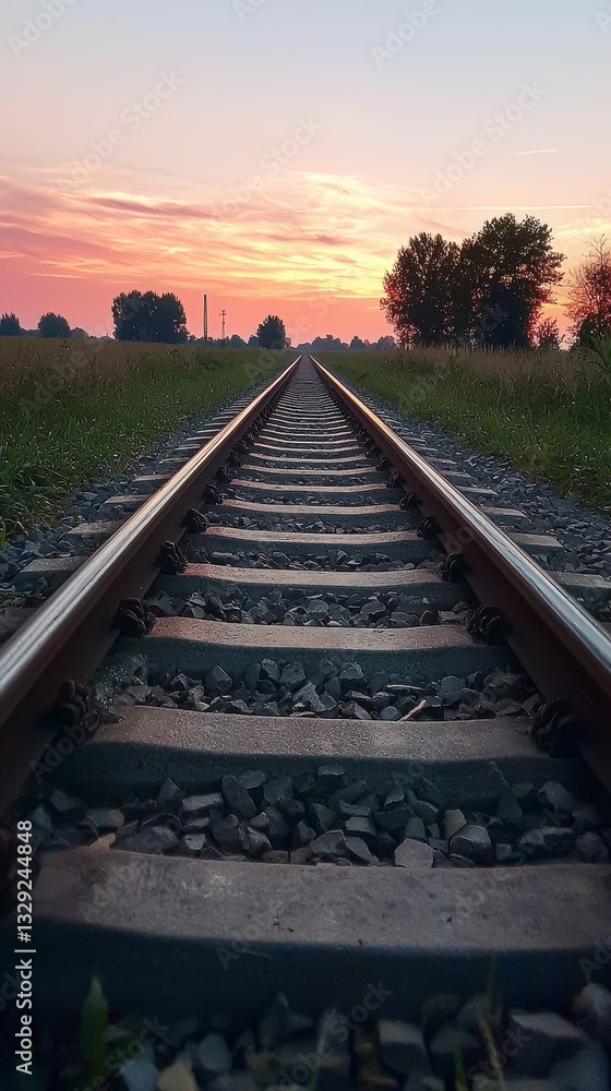 Obraz premium Scenic train tracks stretching into the distance with beautiful sunset hues creating a serene and peaceful atmosphere