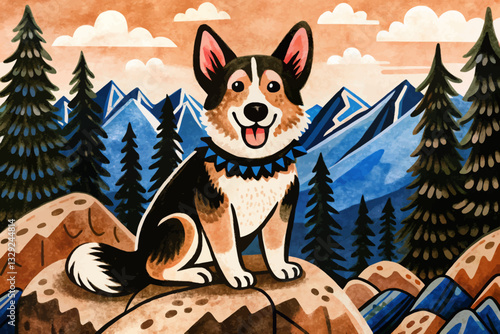 funny dog in beautiful mountains natural forest abstract cartoon illustration