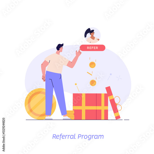 Refer a friend vector illustration concept. People attract customers for money and gifts. Referral and loyalty program and social media marketing for friends. Vector illustration in flat design