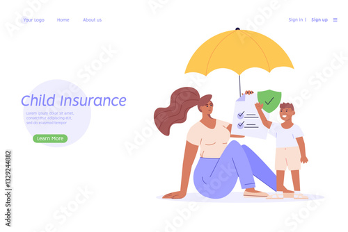 Family under umbrella. Concept of life insurance, protection of health and life of children for travel or vacation. Healthcare and medical service. Vector illustration in flat design