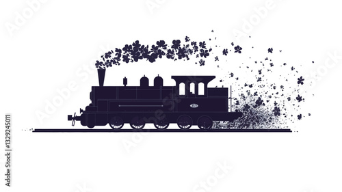 A stylized silhouette of a steam locomotive is depicted against a white background. The locomotive is rendered in dark blue, appearing as a solid, flat shape.  Smoke or steam emanating from the