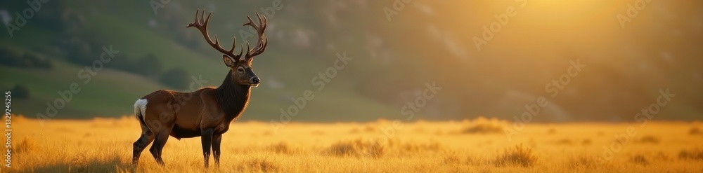 Majestic mule deer buck, antlers gleaming against gold and green landscape, horns, regal Majestic mule deer buck, antlers gleaming against gold and green landscape, horns, regal