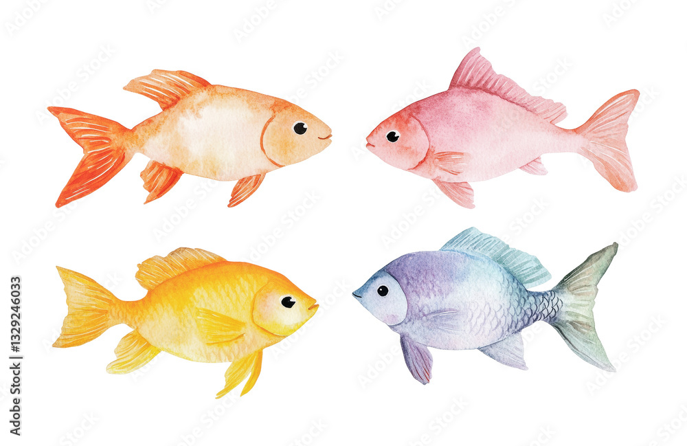 Fototapeta premium Colorful watercolor fish set: orange, pink, yellow, and blue designs, cut out