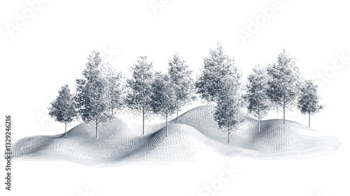 The image is a stylized, monochrome illustration depicting a winter landscape.  It features several coniferous trees of varying heights situated on gently sloping snow-covered hills. The color