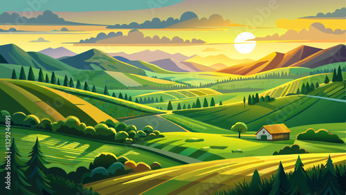 A breathtaking view of an idyllic green landscape featuring gently rolling hills bathed in the golden light of sunrise, presenting a tranquil and picturesque rural