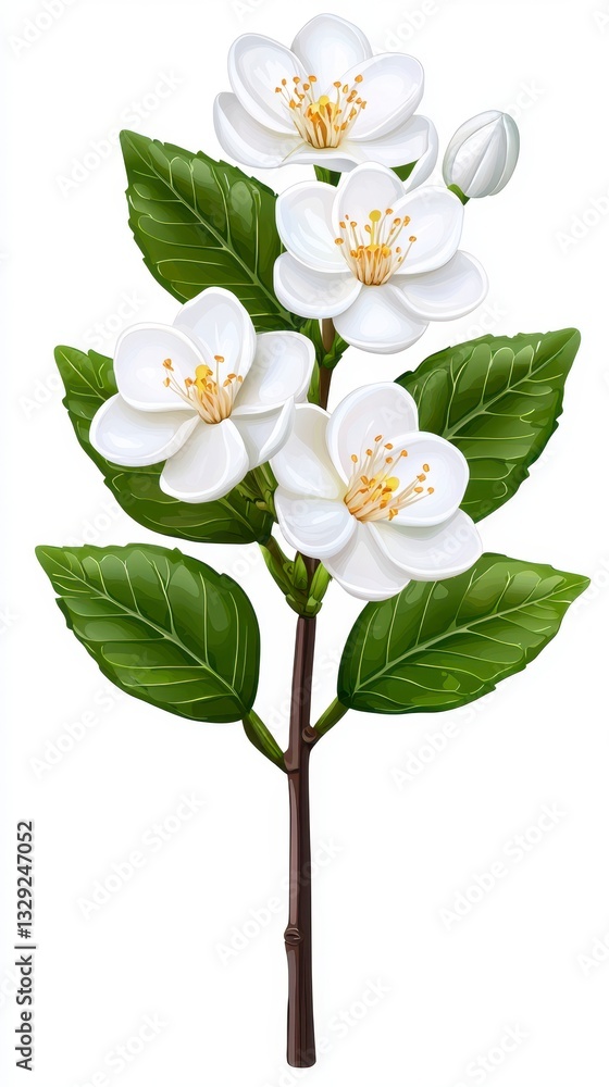 Fototapeta premium Graceful white jasmine flower branch adorned with rich green leaves set against a transparent background for design