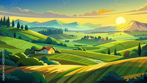 A breathtaking view of an idyllic green landscape featuring gently rolling hills bathed in the golden light of sunrise, presenting a tranquil and picturesque rural
